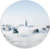 Forex Wandcirkel - Gebouwen in de Wolken - 80x80cm Foto op Wandcirkel (met ophangsysteem)