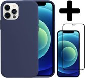 Hoes voor iPhone 12 Pro Max Hoesje Siliconen Case Met Screenprotector Full Cover 3D Tempered Glass - Hoes voor iPhone 12 Pro Max Hoes Cover Met 3D Screenprotector - Donker Blauw