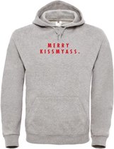 Kerst hoodie grijs S - Merry Kissmyass - Rood glitter - soBAD. | Kersttrui soBAD. | kerstsweaters volwassenen | kerst hoodie volwassenen | Kerst outfit | Foute kerst truien