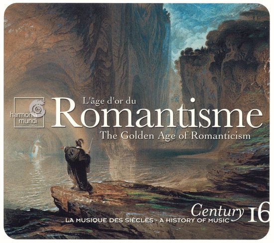 Harmonia Mundi logo, tekst 'L'âge d'or du Romantisme' en 'The Golden Age of Romanticism', een schilderachtig landschap met een figuur aan de waterkant.