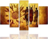 Schilderij , 3 Afrikaanse mannen bij gele bloem , 4 maten , 5 luik , wanddecoratie , Premium print , XXL