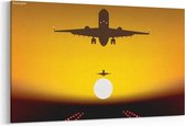 Schilderij - Vliegtuig over landingsbaan bij zonsondergang — 90x60 cm