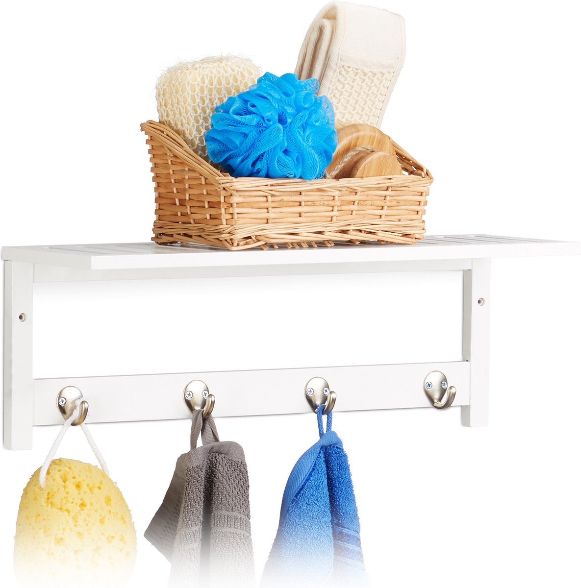 Relaxdays - wandrek met 4 haken - garderobe - handdoekenhouder met plank/haakjes