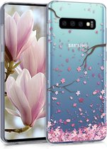 kwmobile telefoonhoesje geschikt voor Samsung Galaxy S10 - Hoesje voor smartphone in poederroze / donkerbruin / transparant - Kersenbloesembladeren design