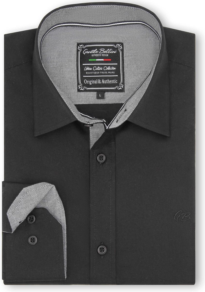 Heren Overhemd - Slim Fit - Chambray Contrastbeleg - Zwart - Maat 3XL
