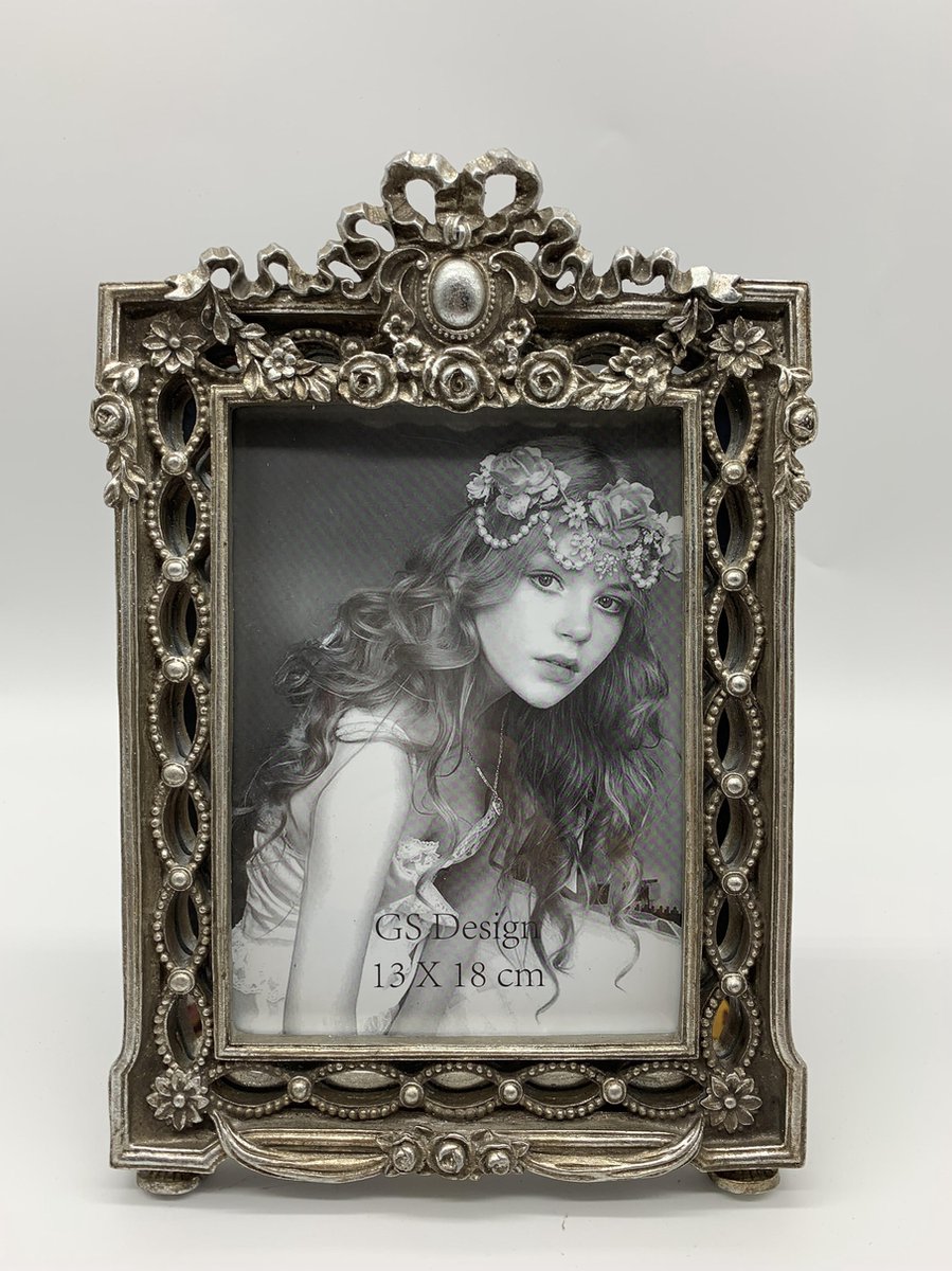 - antiek - rijk versierde barok spiegel - kunsthars zilver brocant - 13x18 cm bol.com