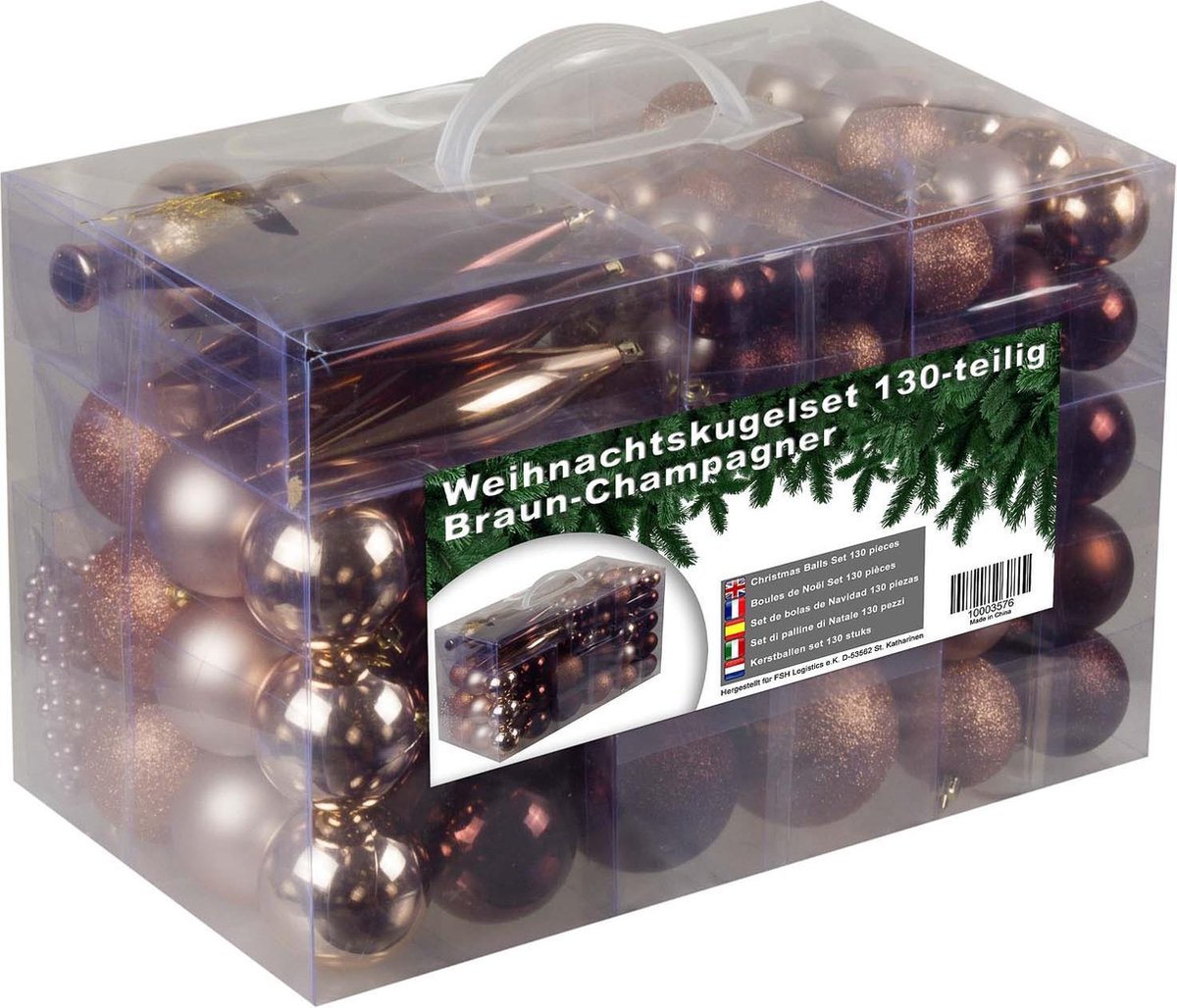 Bol.com 4seasonz Kerstballen set - 130 ballen + piek - Plastic - Champagne/Bruin aanbieding
