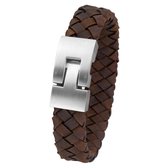 Lucardi Heren armband met gevlochten leer - Staal - Armband - Cadeau - Vaderdag - 22 cm - Donkerbruin