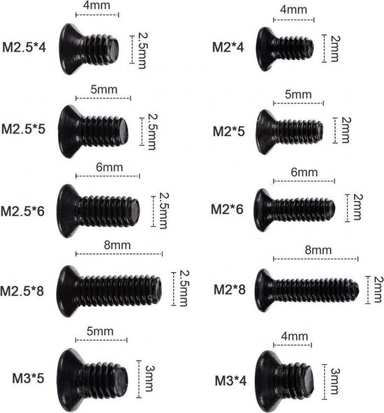 Set van 1000 kleine zwarte boutjes (M2, M2.5 en M3, 4-8 mm) | bol