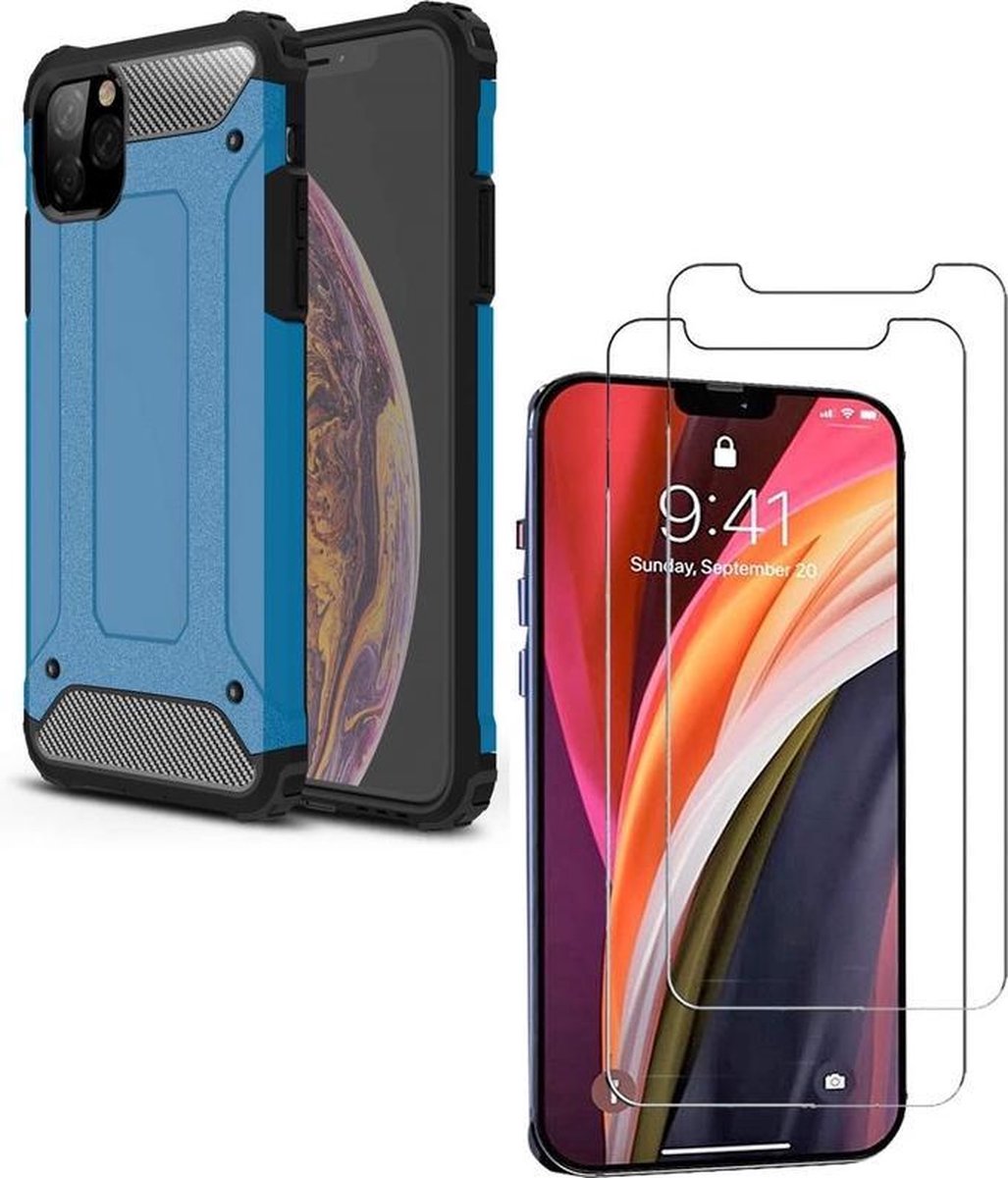 Hoesje Geschikt voor: iPhone 12 Pro Heavy Duty + 2 stuks Tempered Screenprotector - Blauw
