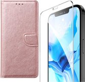 iPhone 12 - Bookcase Rose Goud - portemonee hoesje + 2X Tempered Glas Screenprotector