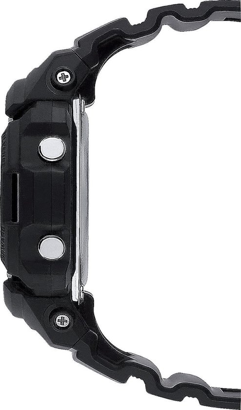 Zijkant profiel van een zwarte G-Shock horloge met zilverkleurige knoppen.