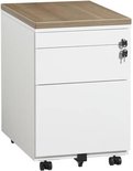 Wit ladeblok met houten blad, twee laden en een pennenlade, op wielen.
