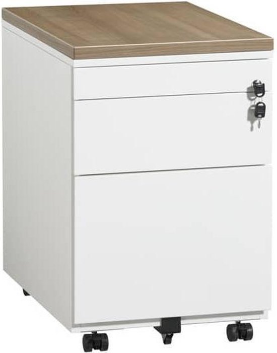 Wit ladeblok met houten blad, twee laden en een pennenlade, op wielen.