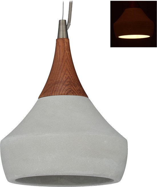 relaxdays hanglamp beton - industrieel - cement - vintage - grijs -  plafondlamp - hout | bol.com