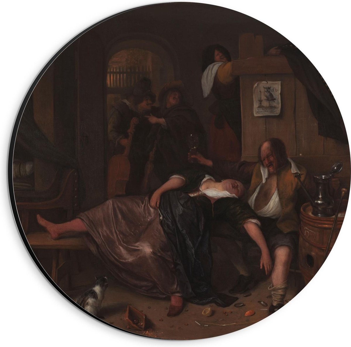 KuijsFotoprint Dibond Wandcirkel - Oude Meesters - Het dronken paar, Jan Havicksz. Steen, ca. 1655 - 1665 - 20x20cm Foto op Aluminium Wandcirkel (met ophangsysteem) Bruin