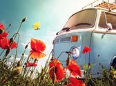 Fotobehang Klassieke VW bus in bloemenveld 450 x 260 cm - € 239