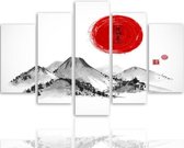 Schilderij , Japans Bergen Landschap   , Rood zwart wit ,4 maten , 5 luik , wanddecoratie , Premium print , XXL