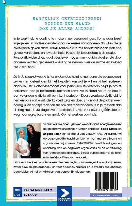 Achterflap van een boek met de titel 'HARTELIJK GEFELICITEERD! BINNEN EEN MAAND DOE JE ALLES ANDERS!' en twee vrouwen.