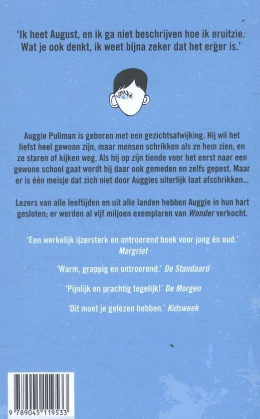 Boekrug van 'Wonder' met een blauwe achtergrond. Bevat tekst en een illustratie van een jongen met zwarte haren.