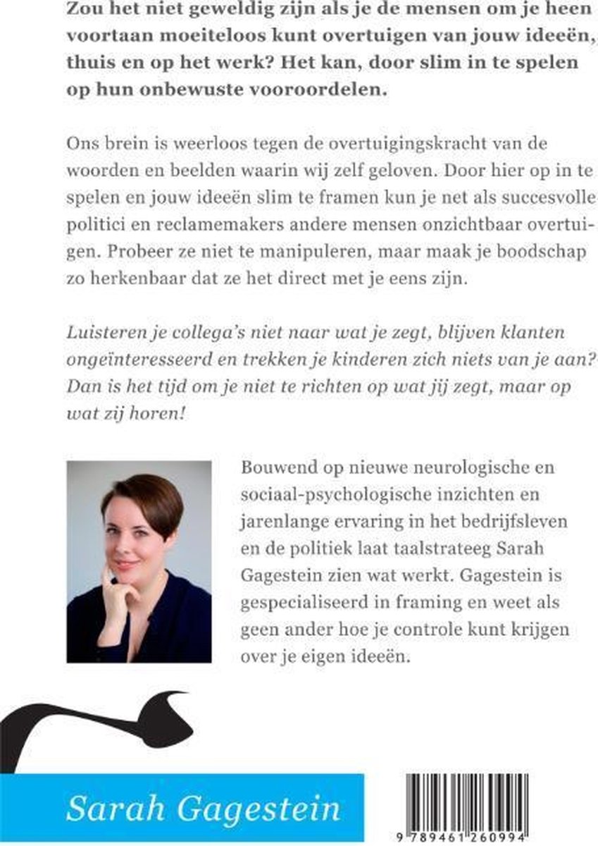 Achterpagina met portretfoto van Sarah Gagestein en tekst.