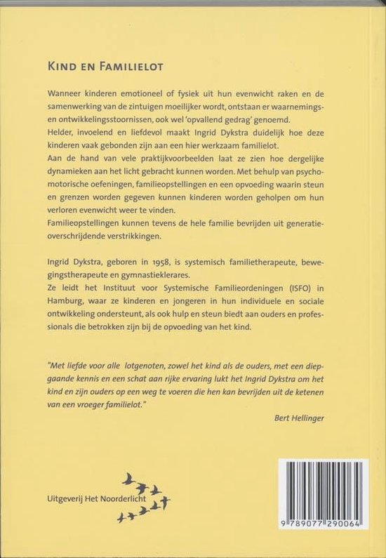 Achterkant boek 'Kind en Familielot' met tekst over Ingrid Dijkstra en uitgeverij Het Noorderlicht.