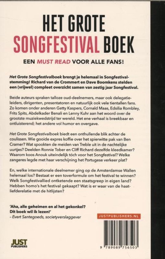 Achterkant boek 'Het Grote Songfestival Boek'. Tekst over de inhoud, met auteurs en uitgever.