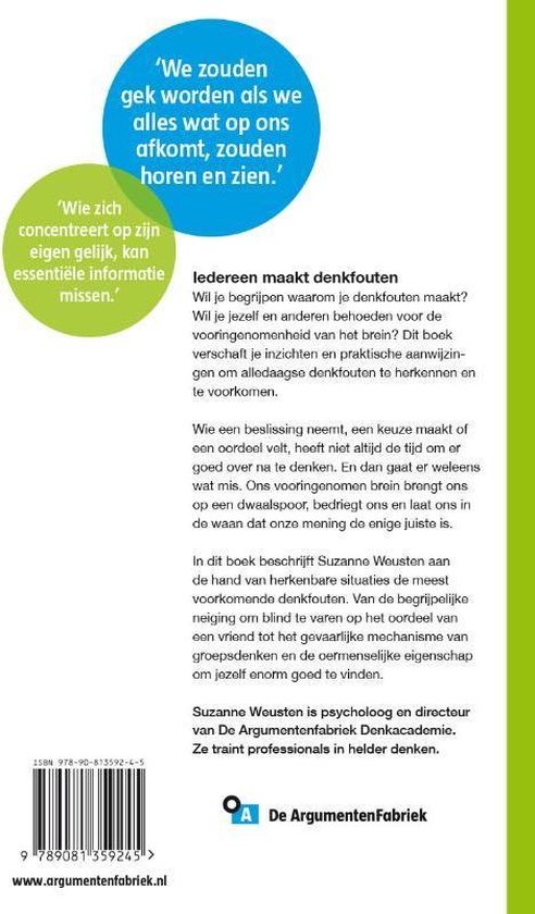 Achterkant boek met blauwe en groene cirkels. Tekst over denkfouten. Suzanne Weusten, De Argumentenfabriek.