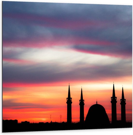 Dibond - Silhouet Moskee bij Zonsondergang - 100x100cm Foto op Aluminium (Wanddecoratie van metaal)