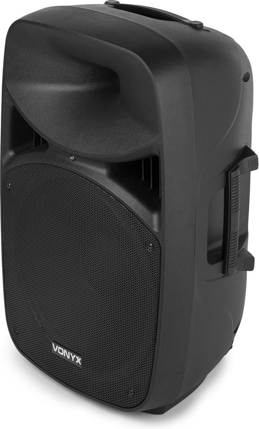 Zwarte Vonyx speaker met handvat en metalen grille.