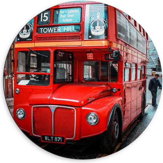 Dibond Wandcirkel - Rode Tower Hill Bus - 60x60cm Foto op Aluminium Wandcirkel (met ophangsysteem)