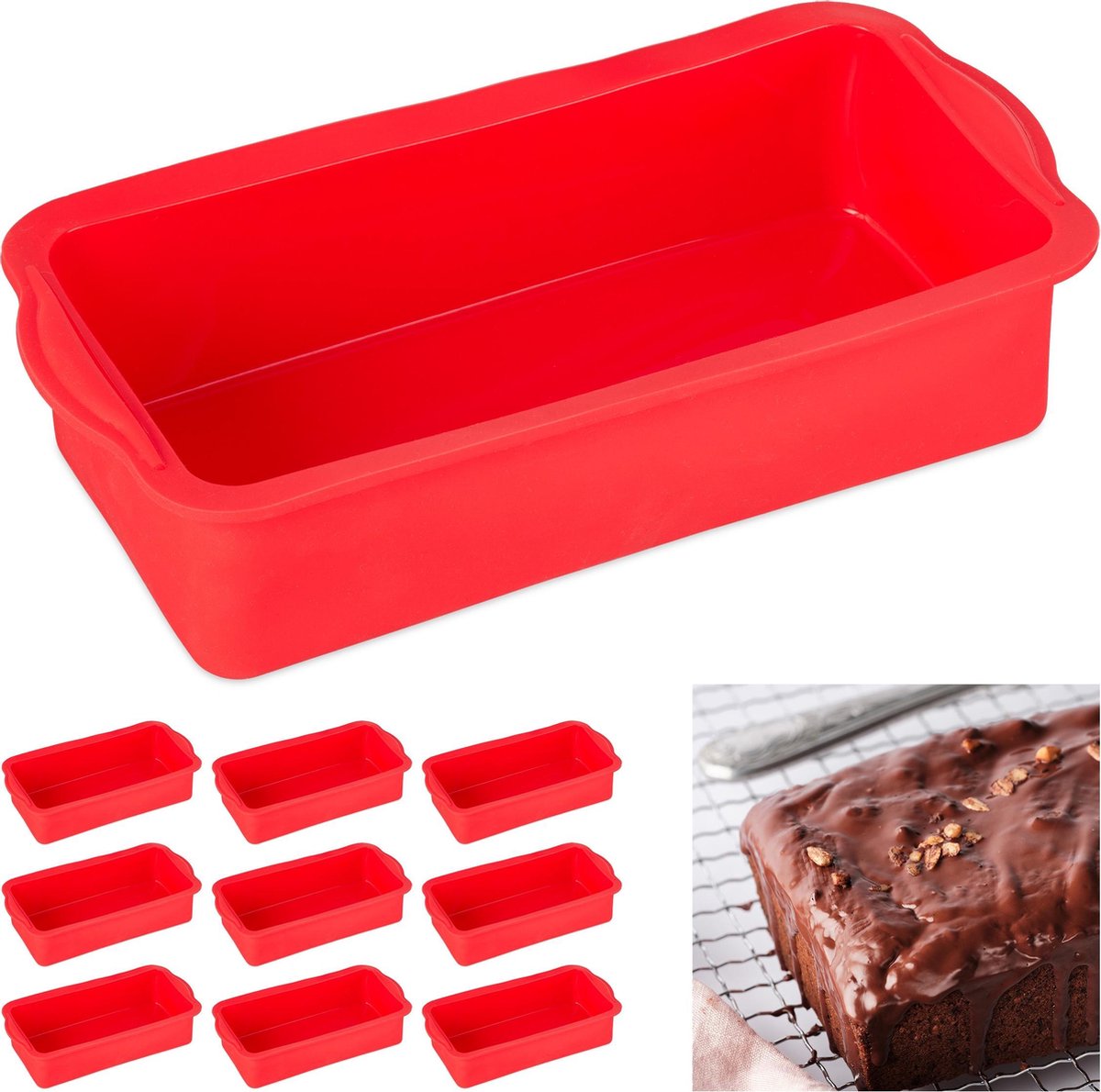 Relaxdays 10x siliconen bakvorm - rechthoekig - cakevorm - taartvorm - broodvorm - rood