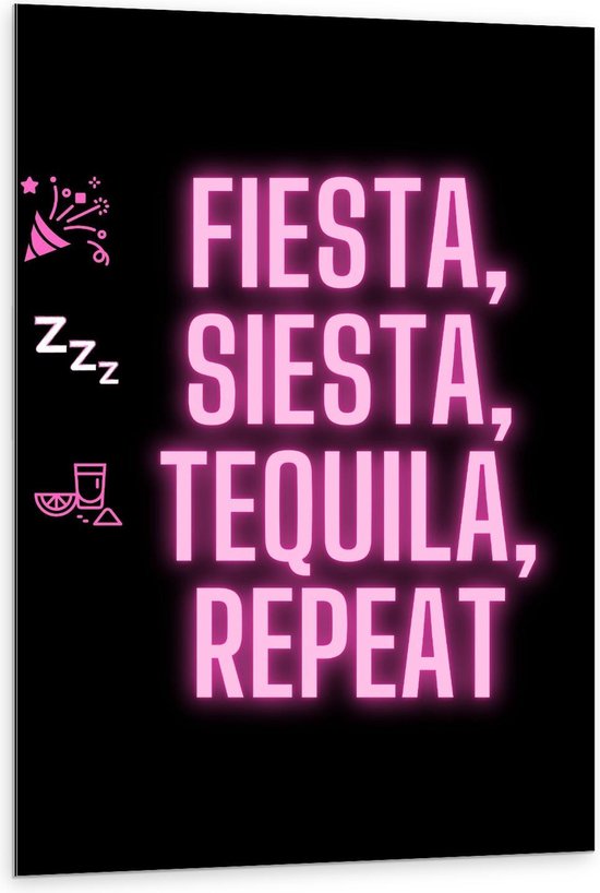 Dibond - Tekst: ''Fiesta, Siesta, Tequila, Repeat'' zwart/roze met figuren - 80x120cm Foto op Aluminium (Met Ophangsysteem)