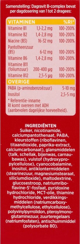 Ingrediëntenlijst met vitamines en overige stoffen per dagdosering, met vermelding van de referentie-inname.