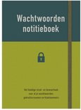 Wachtwoordennotitieboek met groen-blauwe kaft, slot-icoon en elastische sluiting aan de rechterkant.