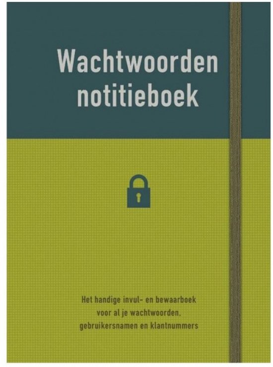 Wachtwoordennotitieboek met groen-blauwe kaft, slot-icoon en elastische sluiting aan de rechterkant.