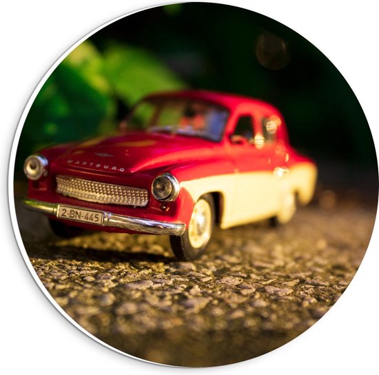 Forex Wandcirkel - Rode Miniatuur Auto in Grind - 20x20cm Foto op Wandcirkel (met ophangsysteem)