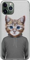 iPhone 11 Pro hoesje siliconen - Kat schattig - Soft Case Telefoonhoesje - Kat - Transparant, Grijs