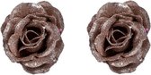 2x Oud roze roos met glitters op clip 7 cm - kerstversiering