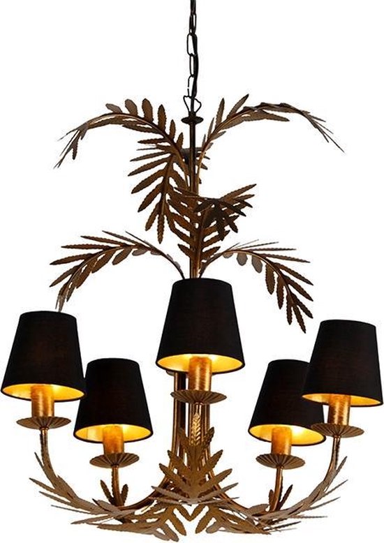 QAZQA botanica - Landelijke Kroonluchter met kap - 5 lichts - Ø 55 cm - Zwart Goud - Woonkamer | Slaapkamer | Keuken