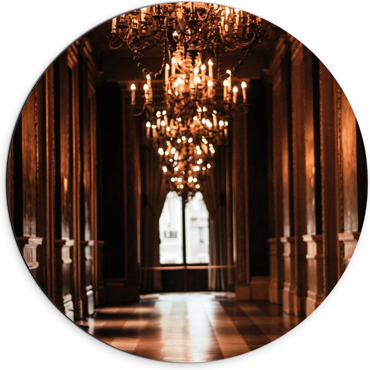 Dibond Wandcirkel - Gang in Paleis met Kroonluchter - 70x70cm Foto op Aluminium Wandcirkel