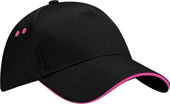 Beechfield Unisex Ultimate 5 Panel Contrast Baseball Cap met Sandwich Peak / Hoofddeksel (Pakket van 2) (Zwart / Fuchsia)