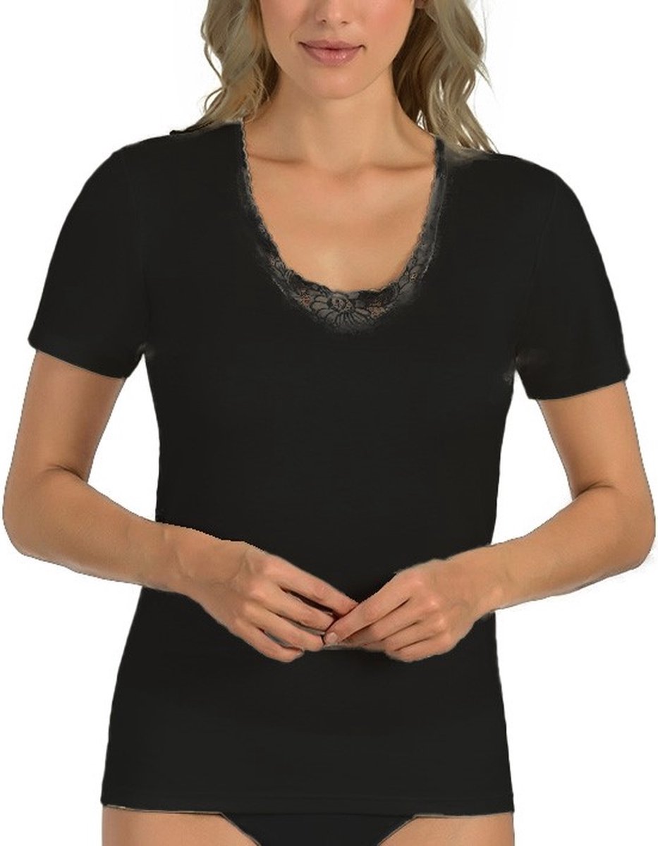 Dames wollen thermo shirt Entex met korte mouw en kant Zwart - Wol -maat L