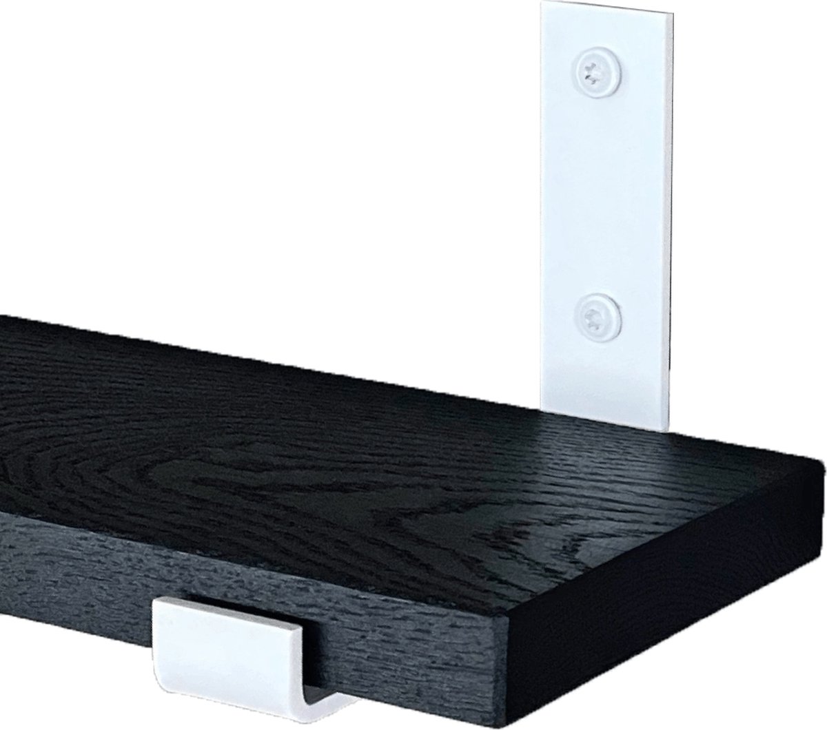 GoudmetHout Wandplank Industrieel - 200 x 15 cm Muurplank - Zwart Eiken Hout - Decoratie Wandrek & Boekenrek - Hangplank Keuken - Wall Shelf + 2 Mat Witte Plankdragers van Staal Zwart - Mat zwart - 15 cm