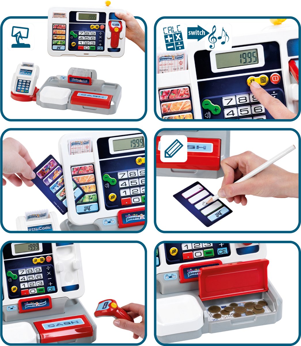 Klein Toys elektronische kassa - afneembare tablet, rekenmachinefunctie, scanner, kaartlezer en een kassa vol speelgeld - 33,42x16,83x22,33 cm - incl. soundbar - grijs rood — afbeelding 7