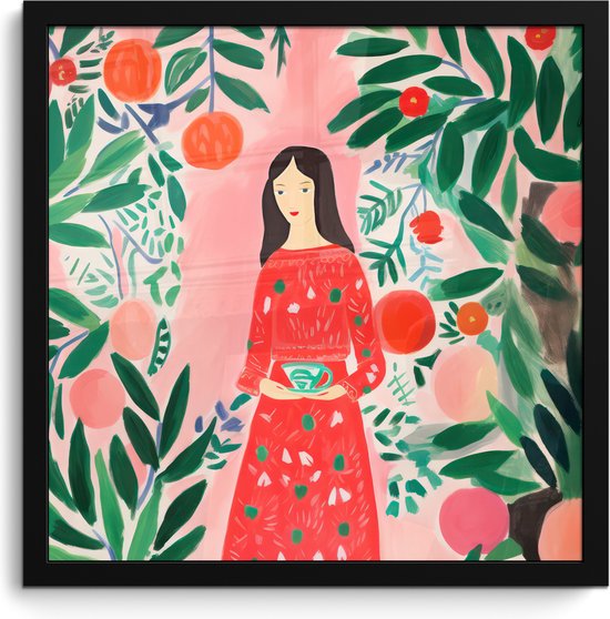 Poster in lijst - Fotolijst 40x40 cm - Posters - Kerstmis - Vrouw - Planten - Groen - Rood - Posterlijst zwart - Decoratie - Wanddecoratie woonkamer - Muurdecoratie slaapkamer - Kerstversiering - Kerstdecoratie voor binnen - Kerstmis