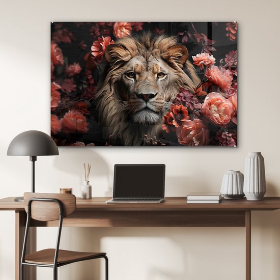 MuchoWow® Peinture sur verre 120x80 cm - Peinture sur verre - Lion - Animal - Nature - Botanique - Fleurs - Rose - Photo sur verre acrylique - Peintures