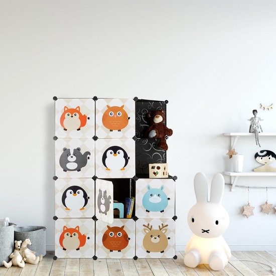 kinderkamer kast met diermotieven - kunststof - steeksysteem - deuren - kledingkast - roede - kleurrijk