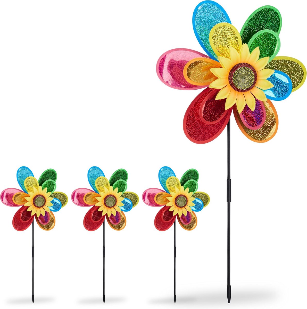 Relaxdays 4 x windmolen bloem windmolentje kinderen tuindecoratie gekleurd windspel
