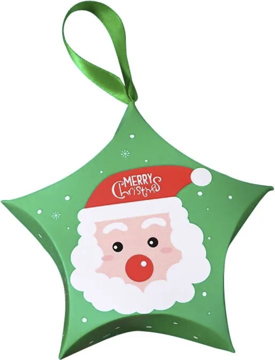 Groene ster met kerstman opdruk en 'Merry Christmas'. Groen lintje eraan.